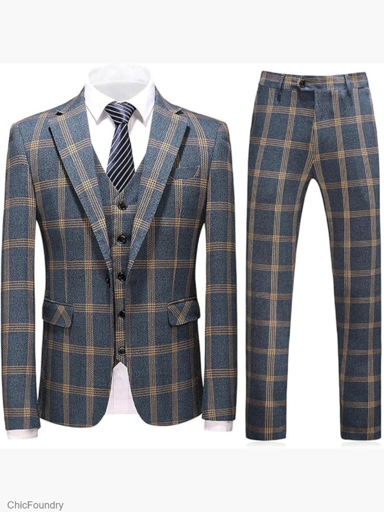 Men's 3 Piece Plaid Formal Suit Set Single Breasted One Button Jacket Vest